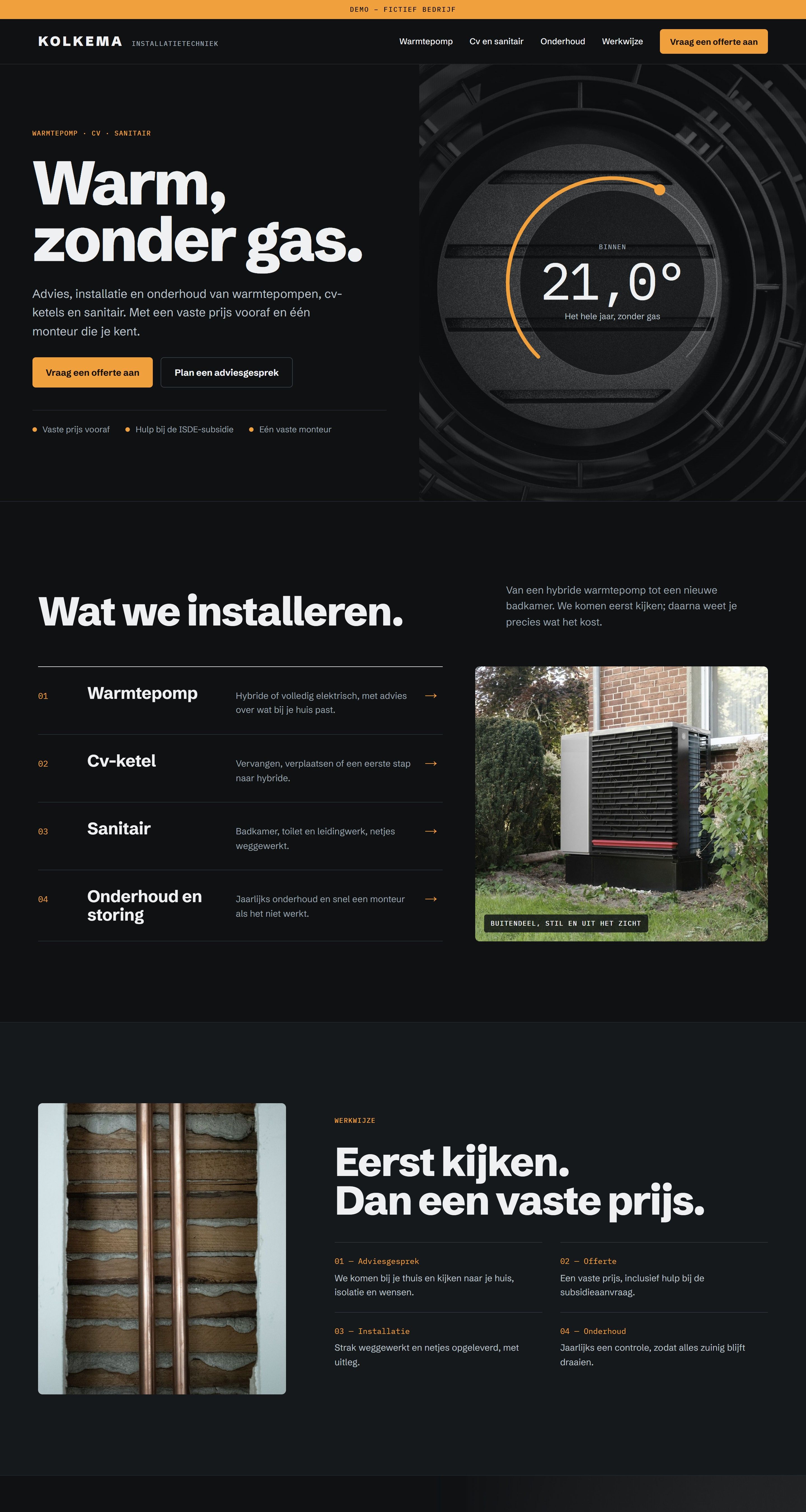 De homepage van Kolkema op een laptop: donker, met de kop "Warm, zonder gas." en een thermostaatring op 21,0 graden over een foto van een ventilatorrooster.