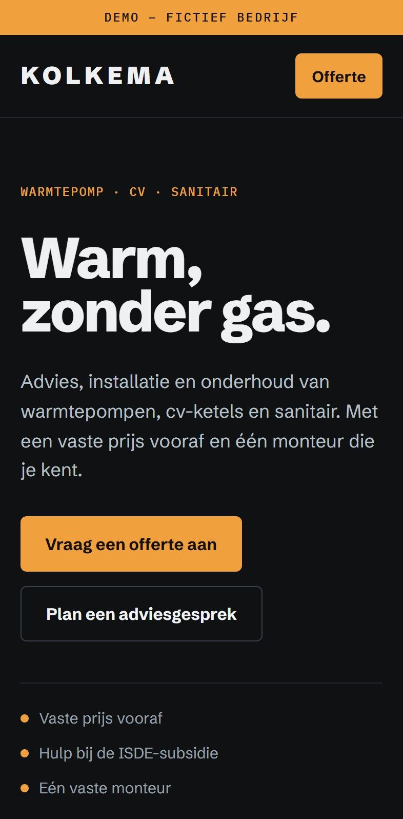 De opening op de telefoon: de kop "Warm, zonder gas." met twee knoppen eronder.