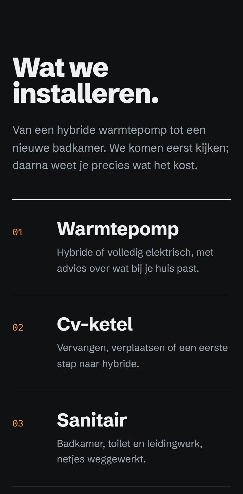 De diensten op de telefoon: een genummerde lijst met warmtepomp, cv-ketel, sanitair en onderhoud.