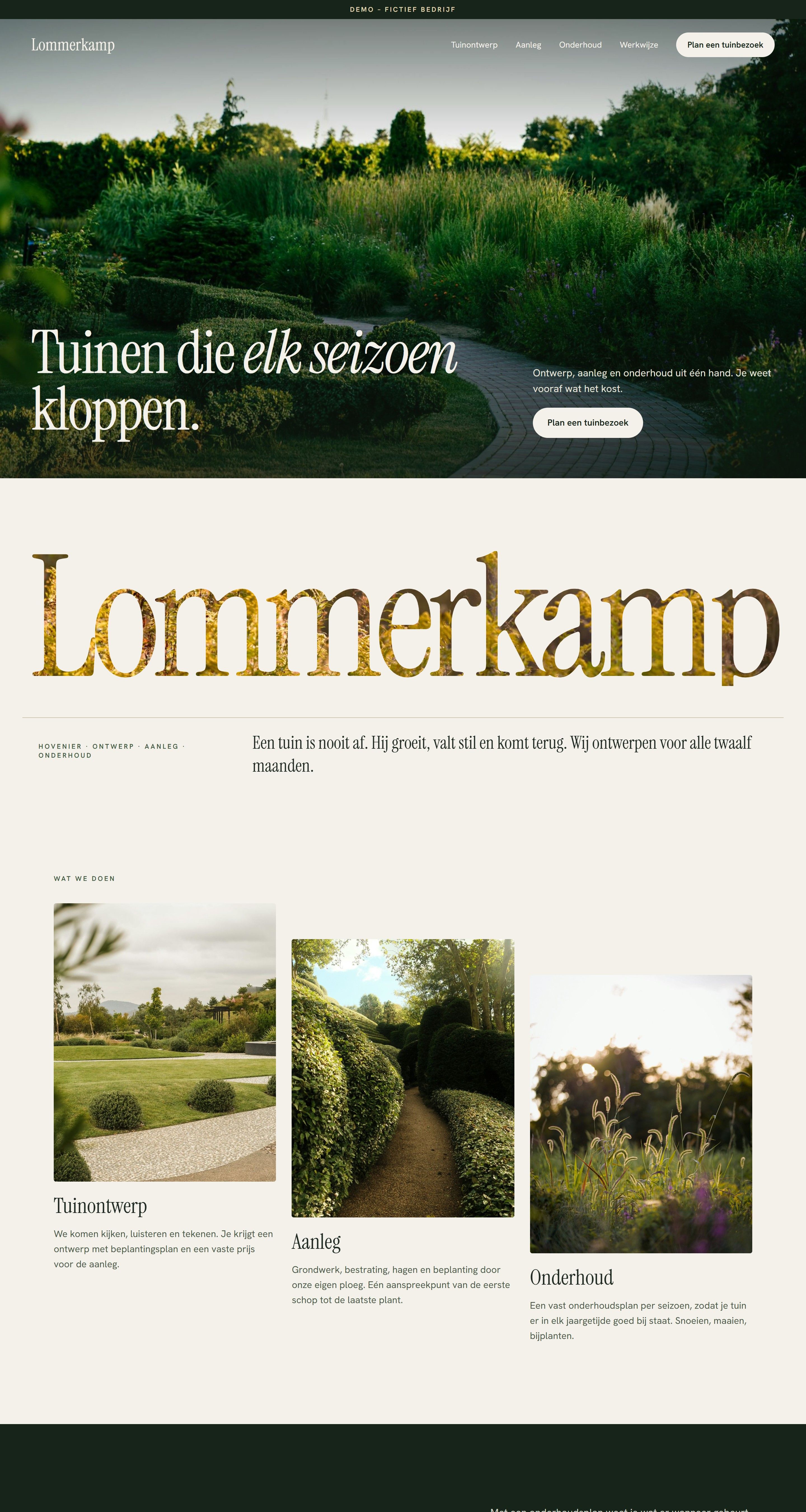 De homepage van Lommerkamp op een laptop: een tuin met een gebogen klinkerpad in avondlicht en de kop "Tuinen die elk seizoen kloppen".