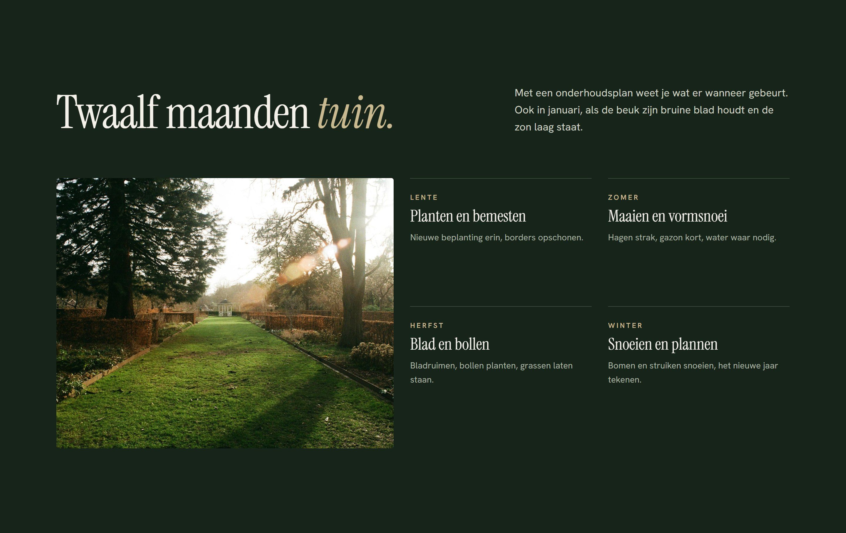 Het blok "Twaalf maanden tuin" op een breed scherm: een ommuurde tuin in de winterzon en wat er in lente, zomer, herfst en winter gebeurt.